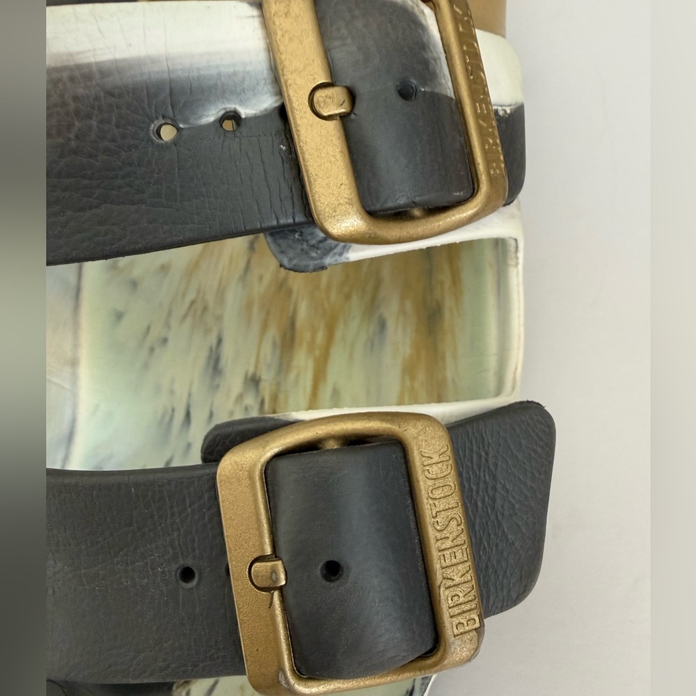 Birkenstock Two-Tone Black and Cream Marbled Leather Sandals - Picture 2 of 9